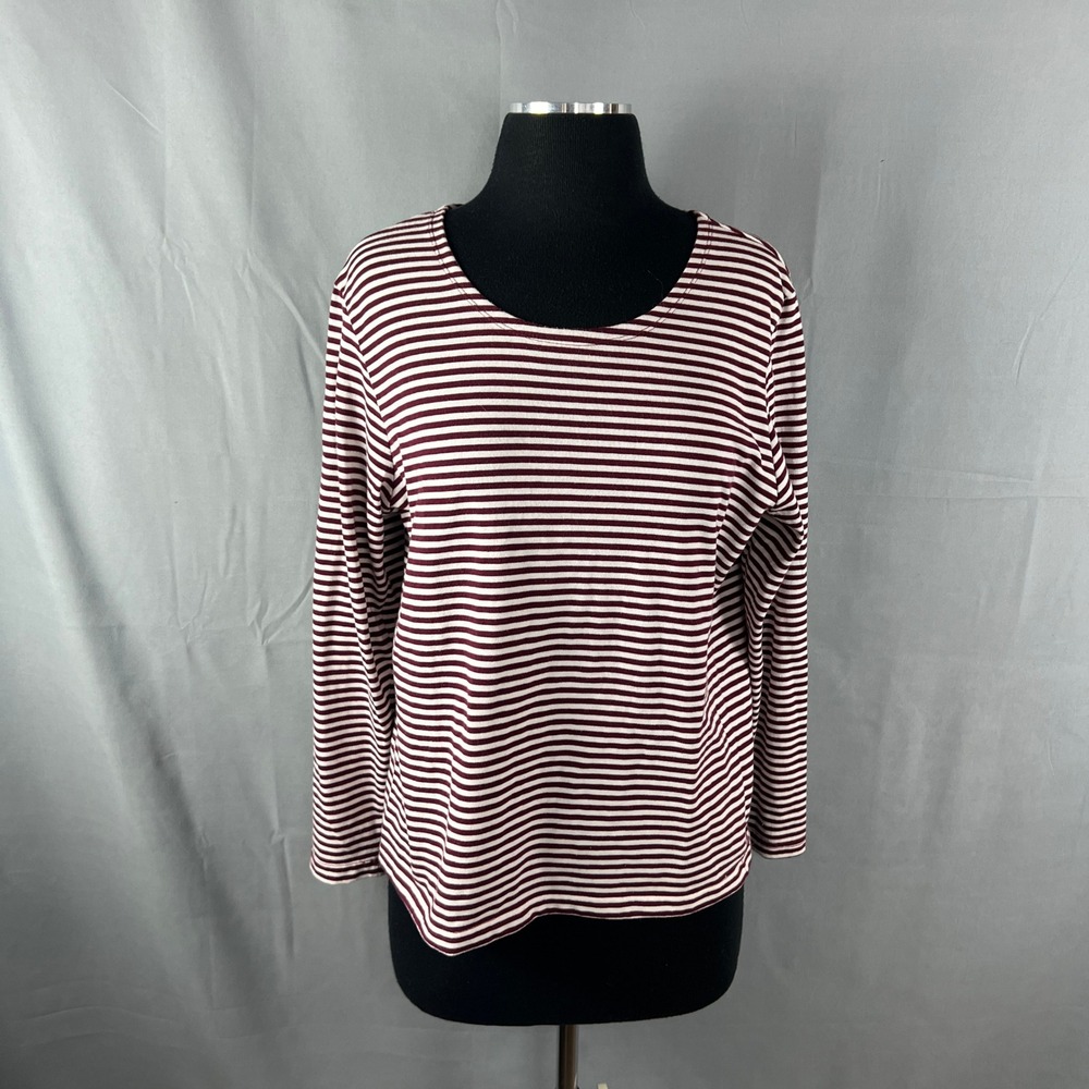 Iactive T Shirt Womens Large Burgundy White Striped Cotton Crew Neck Everyday